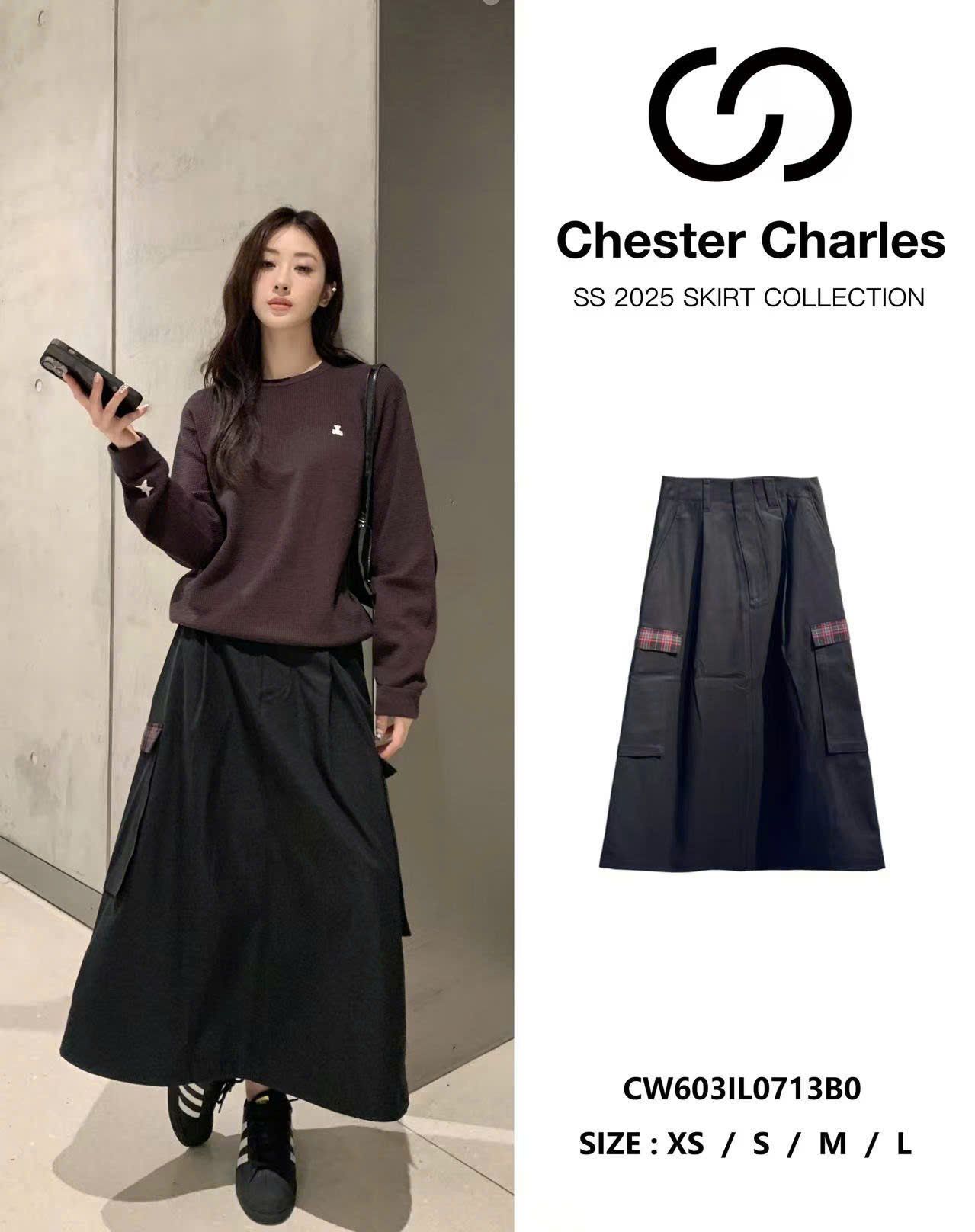  Chân váy thô đen dài túi hộp viền kẻ đỏ 