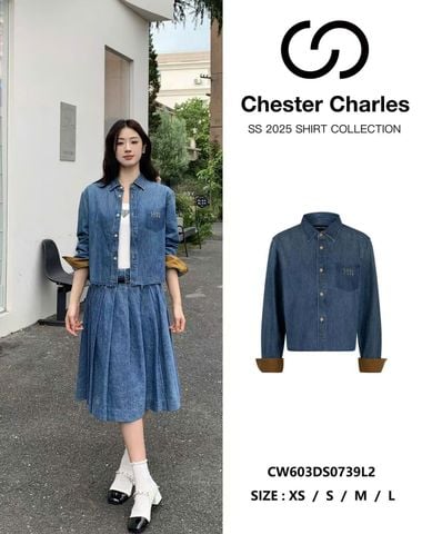  Áo Sơ mi jean xanh, túi áo chữ, tay lật nâu 