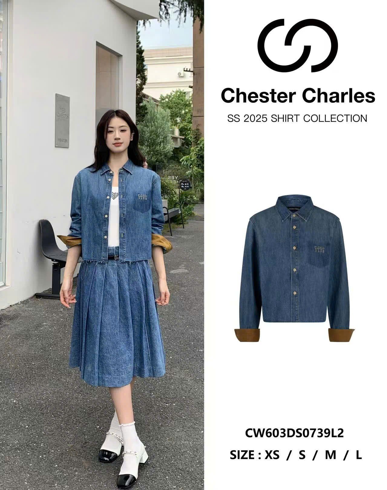  Áo Sơ mi jean xanh, túi áo chữ, tay lật nâu 