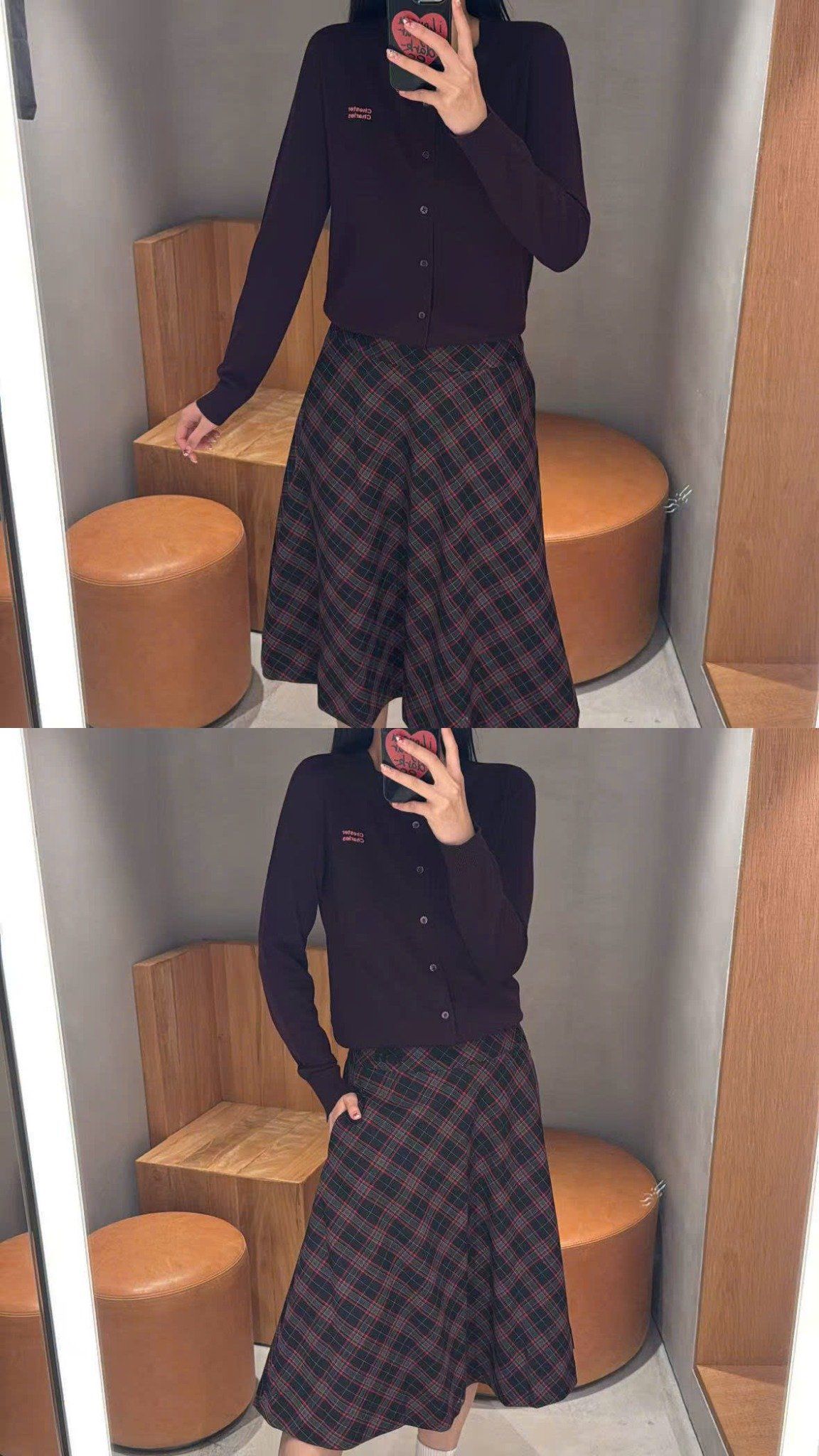  Chân váy dài kẻ đỏ đen 