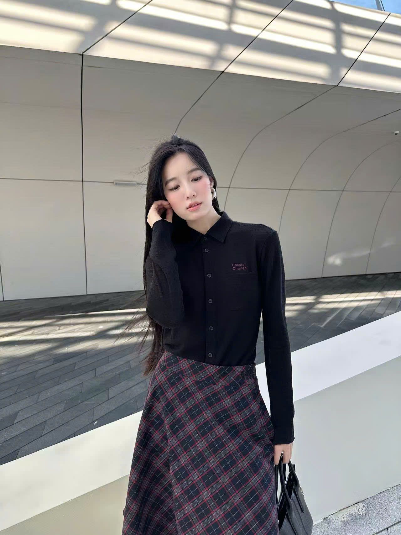  Chân váy dài kẻ đỏ đen 