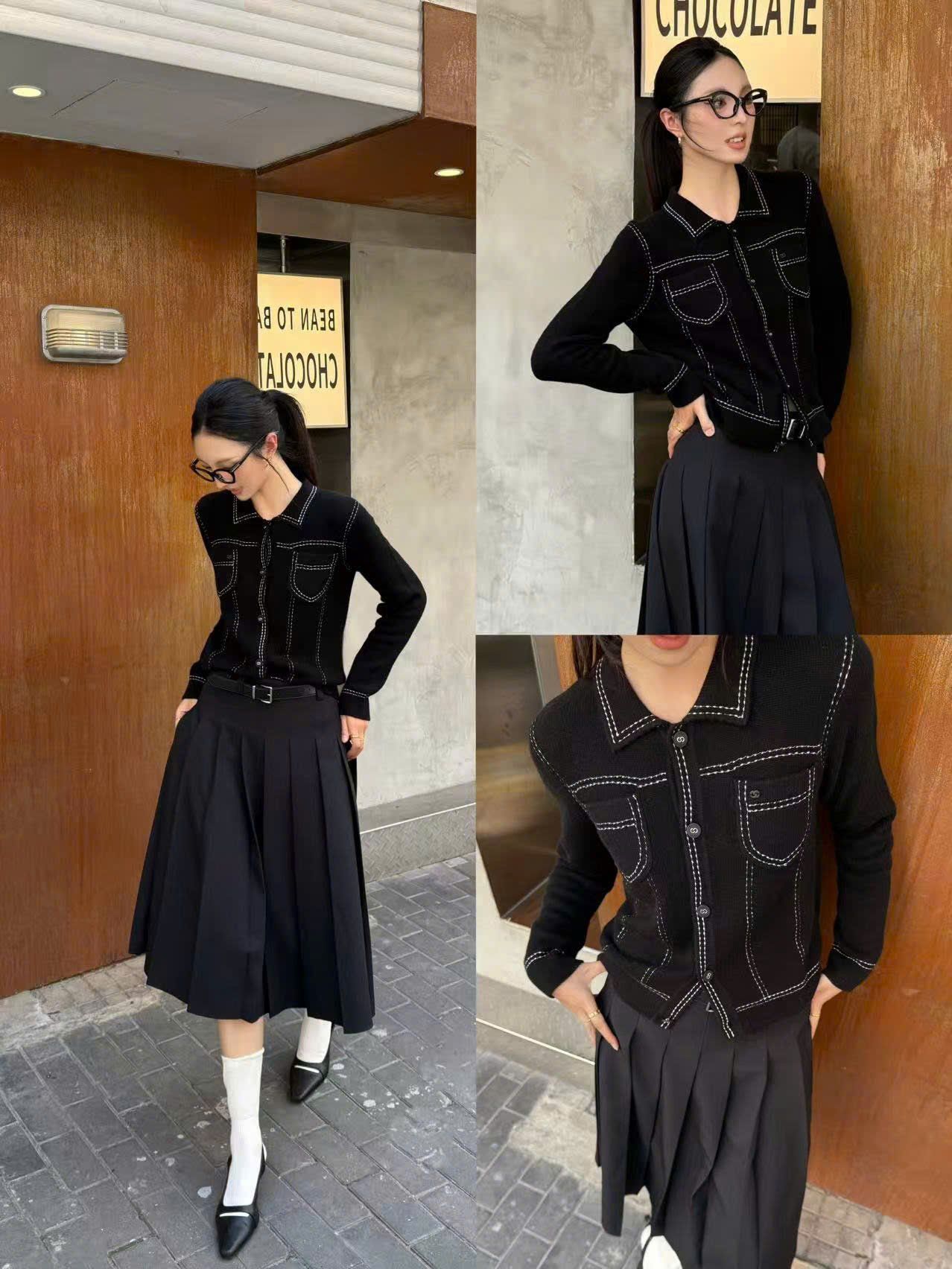  Áo polo CDG cashmere , đen viền chấm trắng 