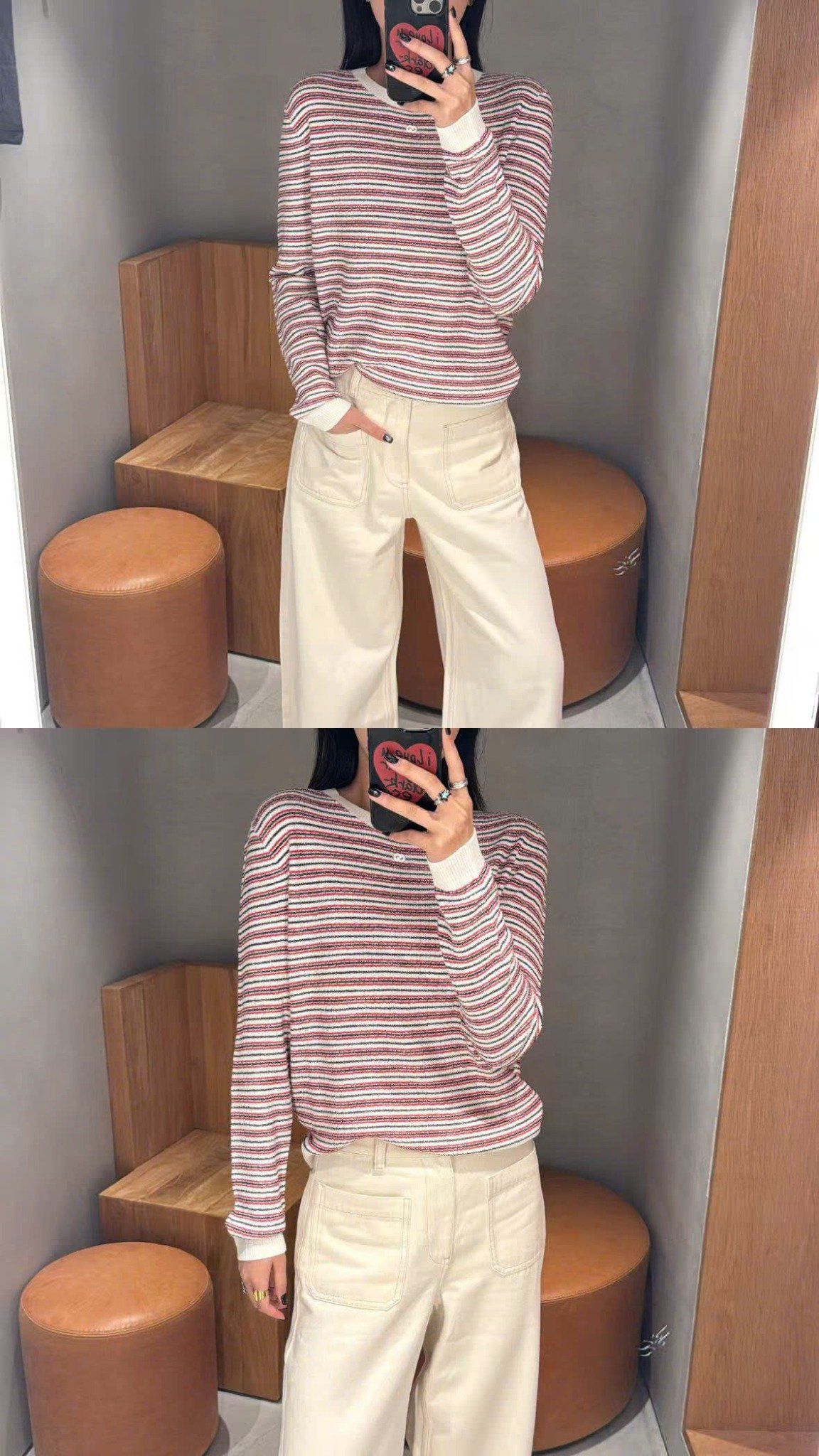  Áo dài tay trắng kẻ đỏ viền trắng, bo gấu 