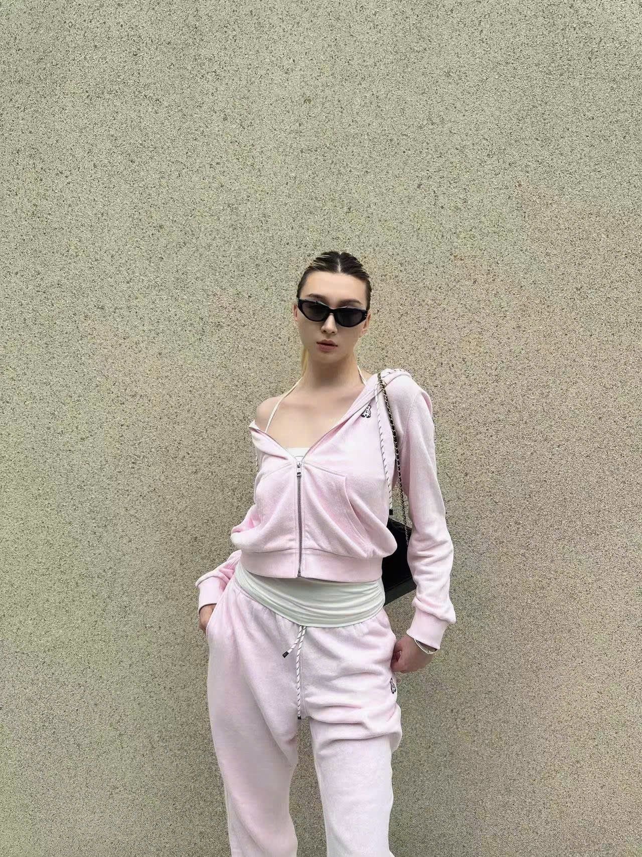  Bộ Áo khoác nỉ có mũ và quần nỉ hồng bo chun - dây rút trắng set 