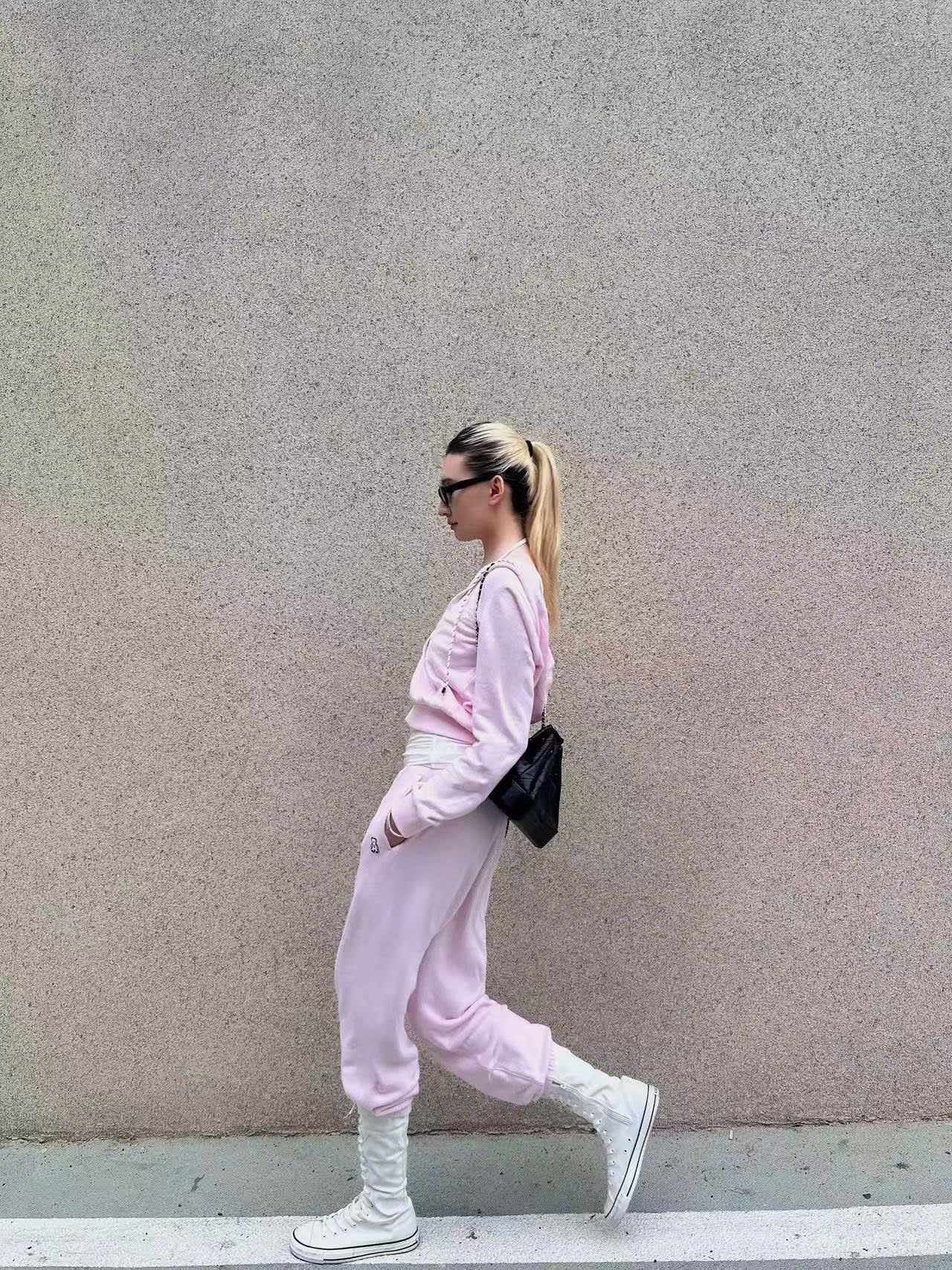  Bộ Áo khoác nỉ có mũ và quần nỉ hồng bo chun - dây rút trắng set 