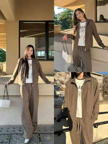  Bộ áo khoác len và quần len nâu cạp chun - Logo CC lồng 1 bên set 