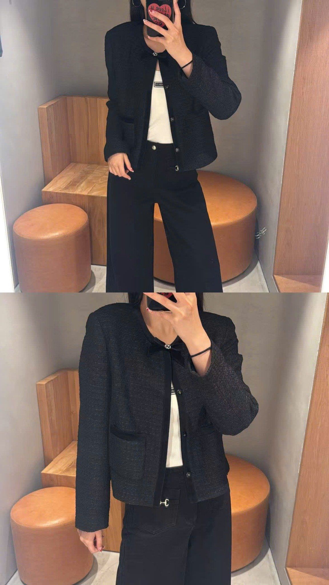  2.Áo tweed đen đính nơ cổ 