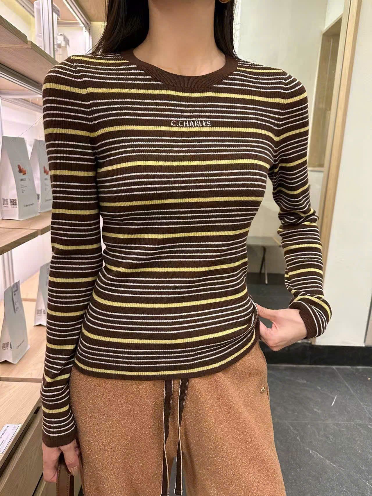  Áo thun dài tay kẻ vàng nâu 