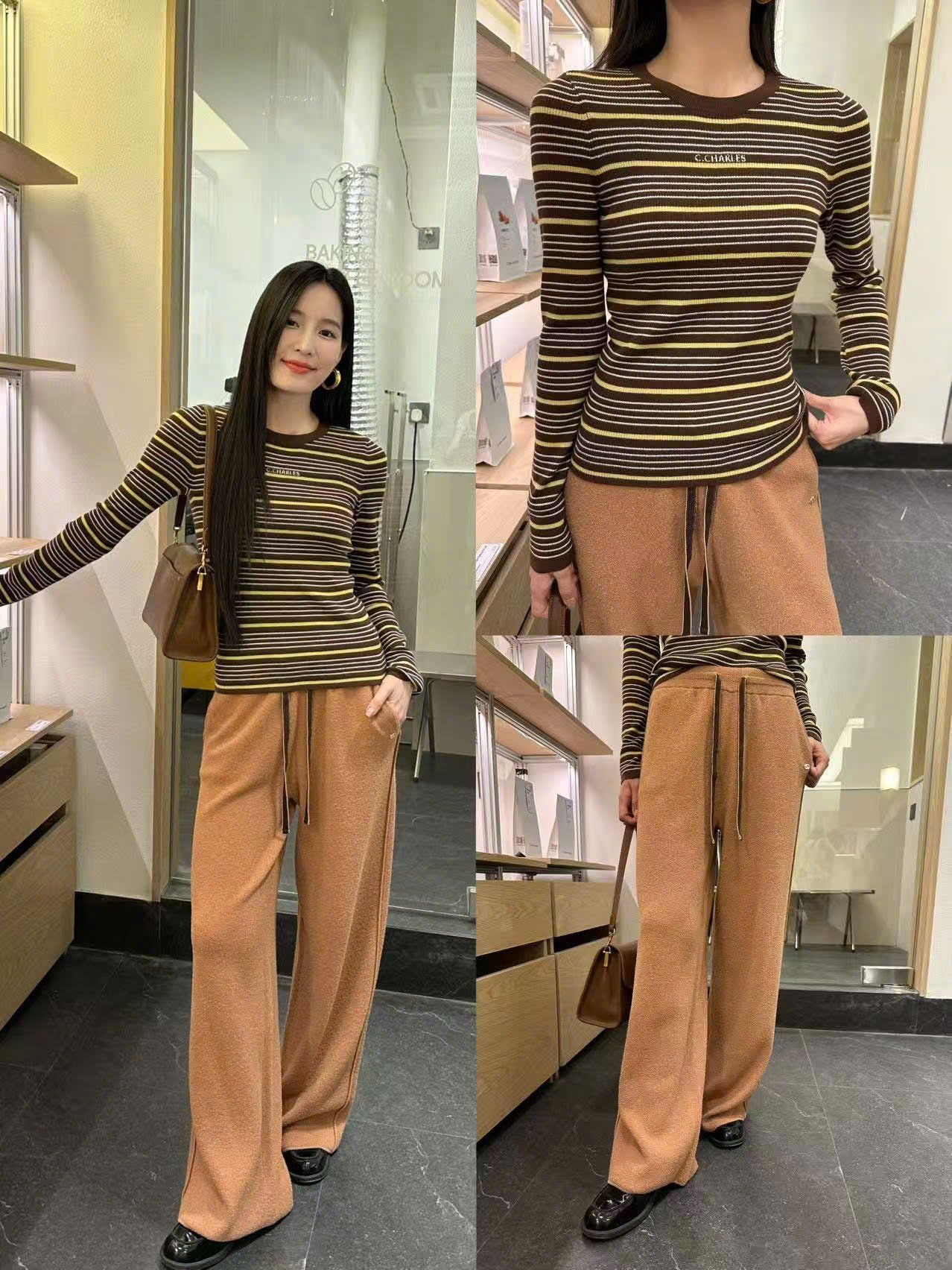  Áo thun dài tay kẻ vàng nâu 