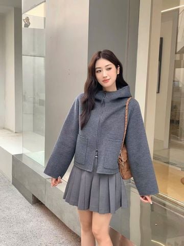  Áo dạ ép XÁM có mũ dáng ngắn, lót full logo 