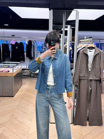  Áo Sơ mi jean xanh, túi áo chữ, tay lật nâu 