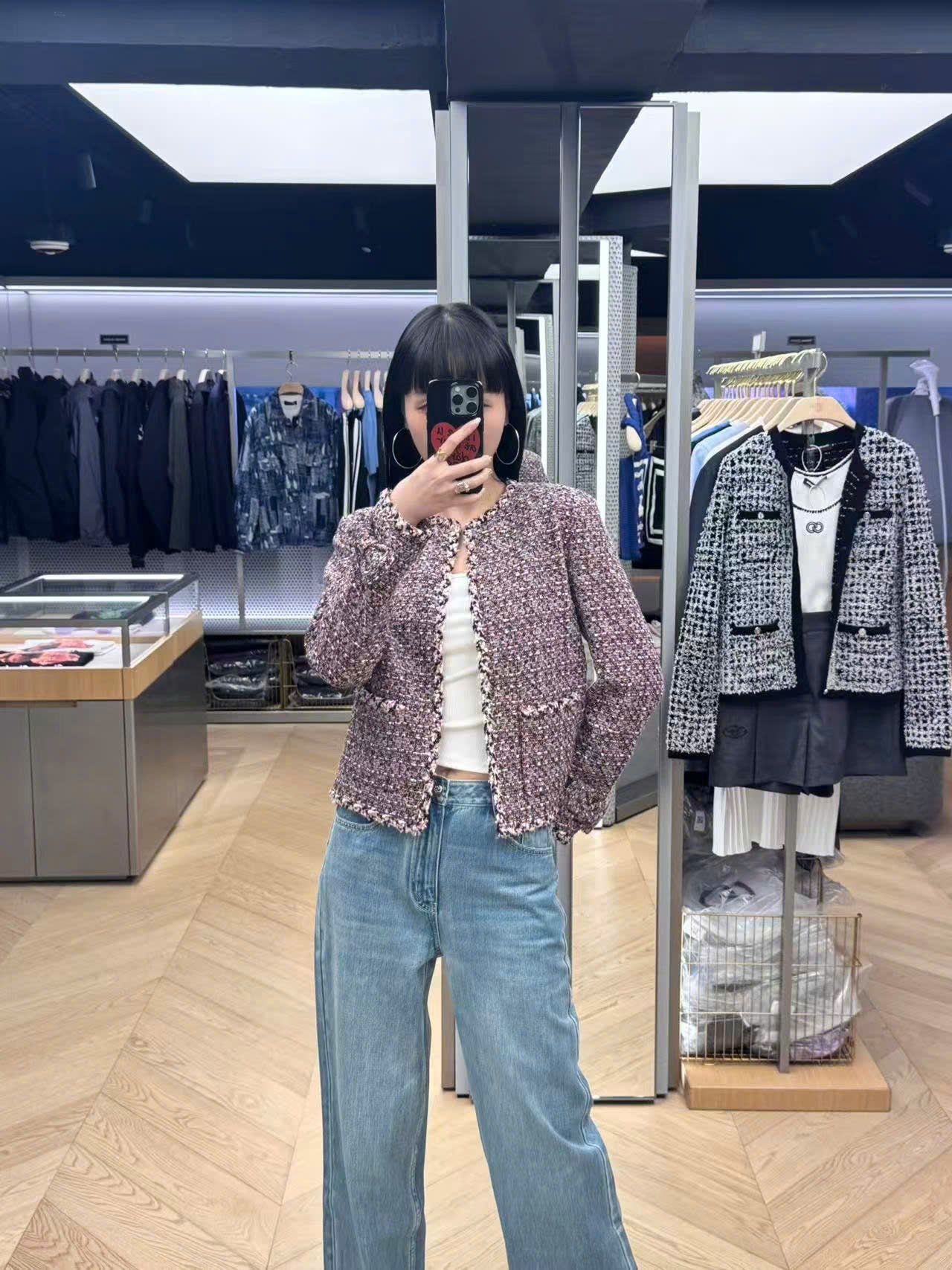  Áo tweed hồng đất, tay đính nơ 