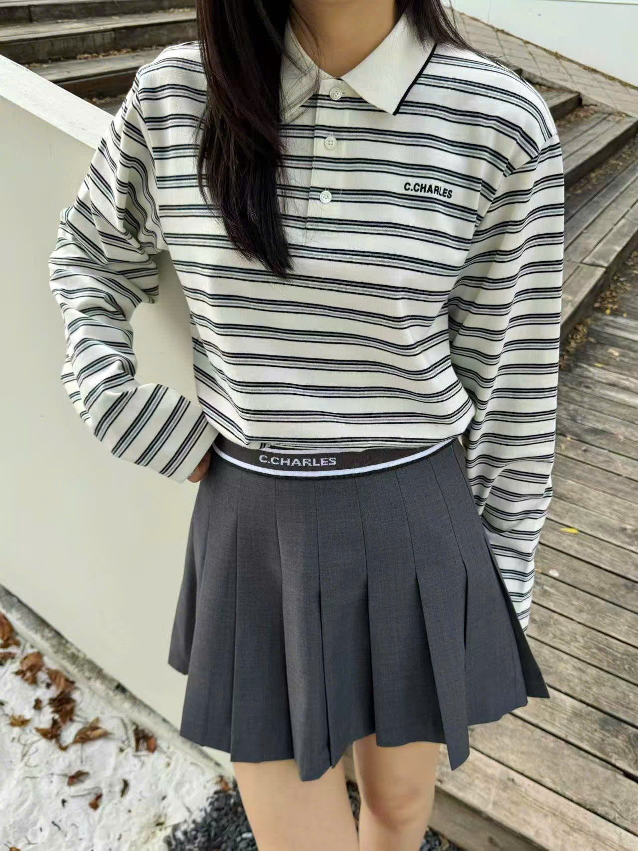  Áo polo cổ trắng, kẻ đen dài tay 