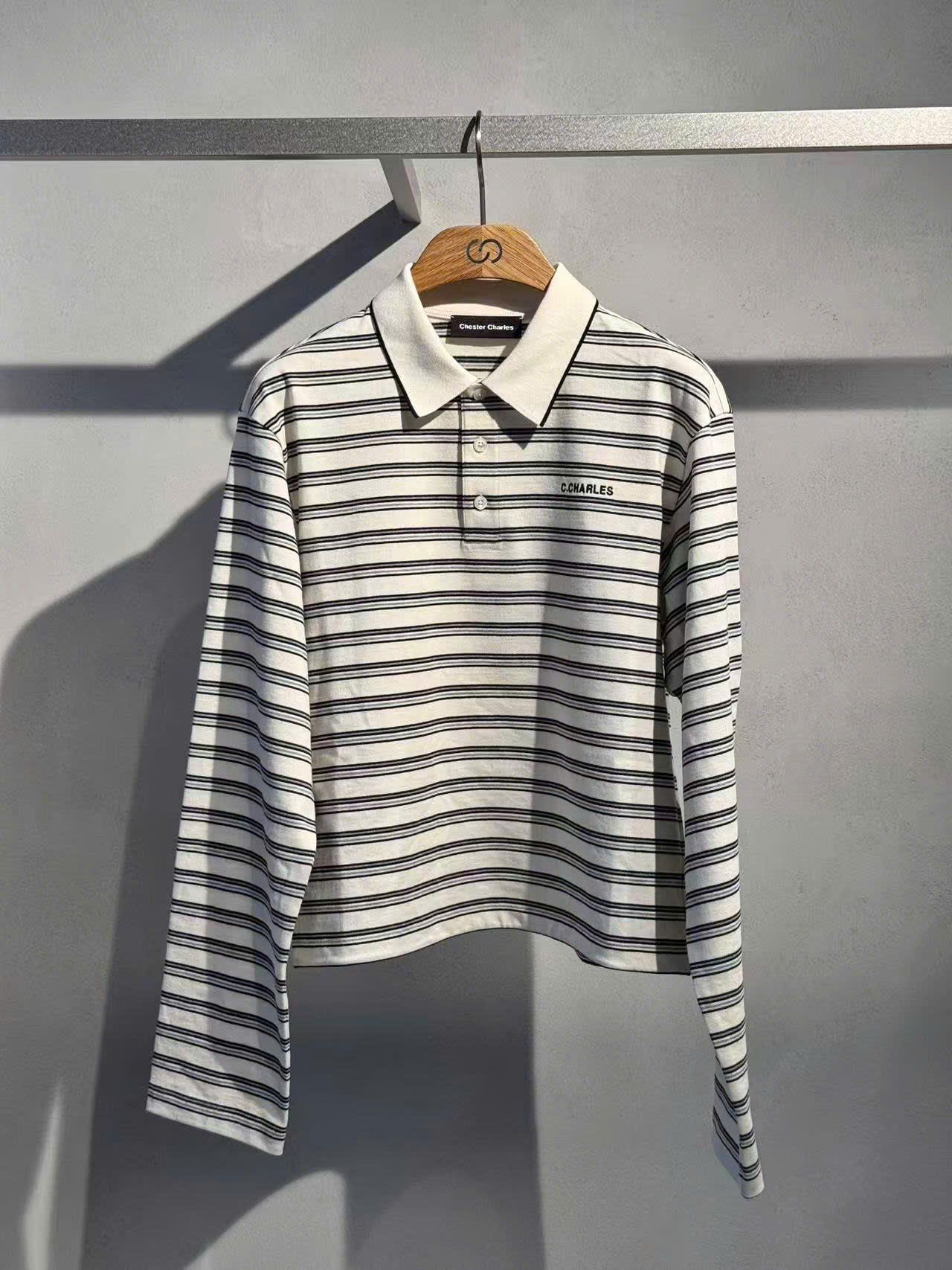  Áo polo cổ trắng, kẻ đen dài tay 