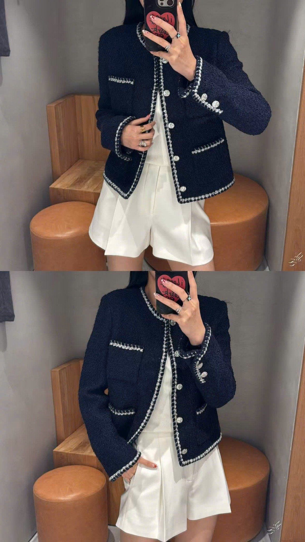  3. Áo Tweed Xanh navy viền trắng 