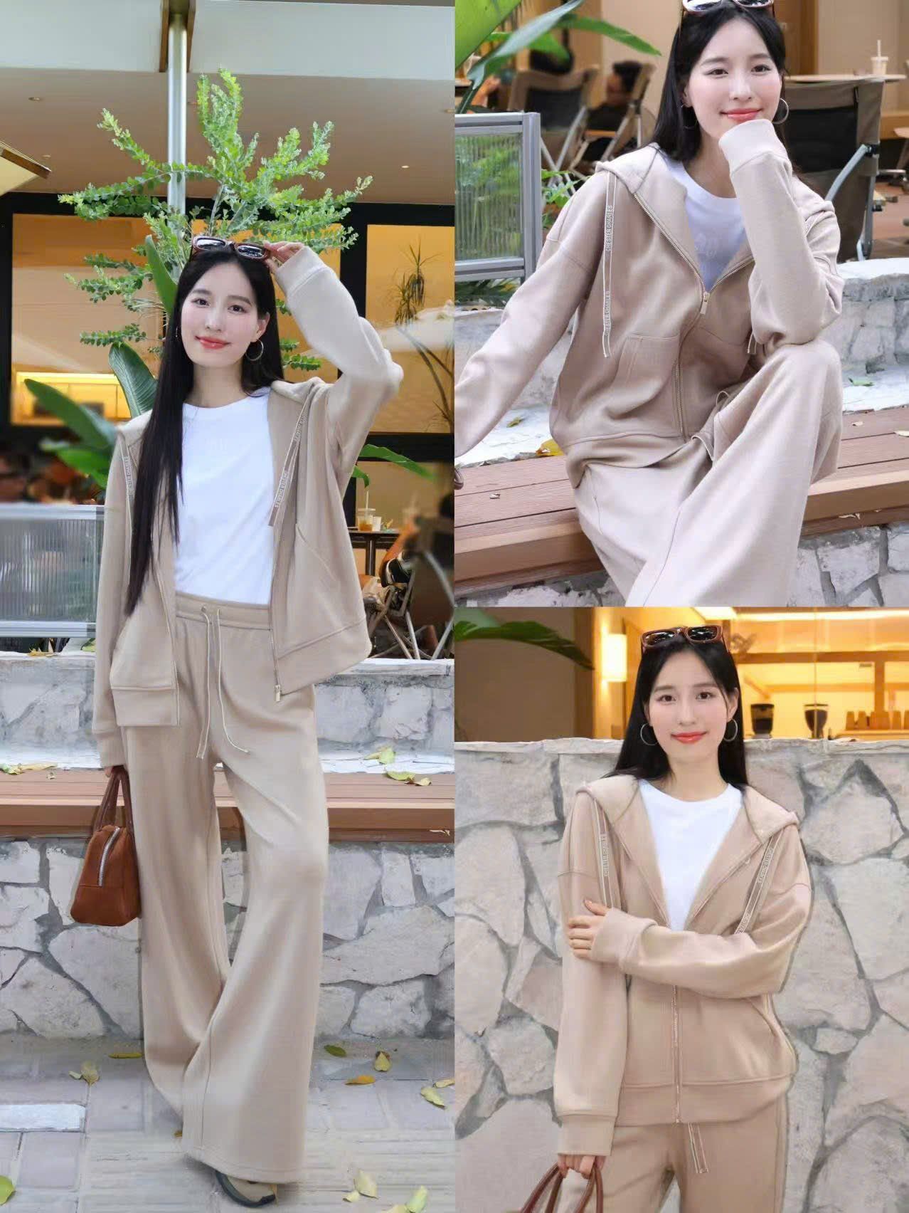  Bộ áo khoác và quần màu nude cạp chun - Logo trắng set 