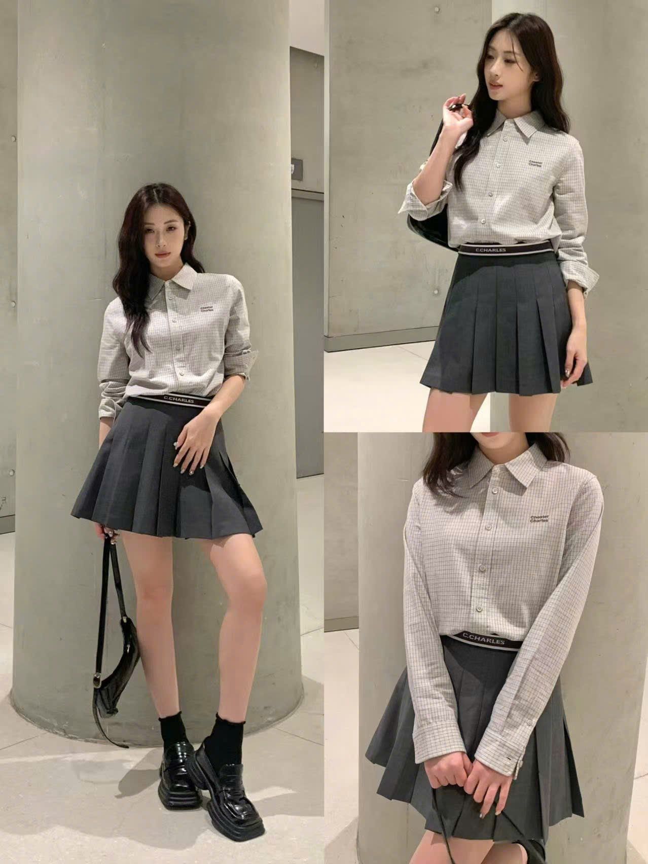  Áo sơ mi kẻ, màu be sáng 2 túi trước 