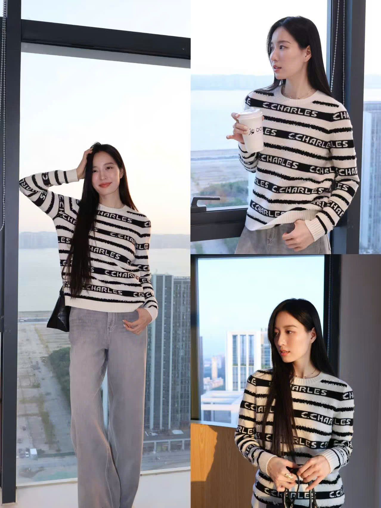  Áo trắng dài tay kẻ đen chữ trắng 