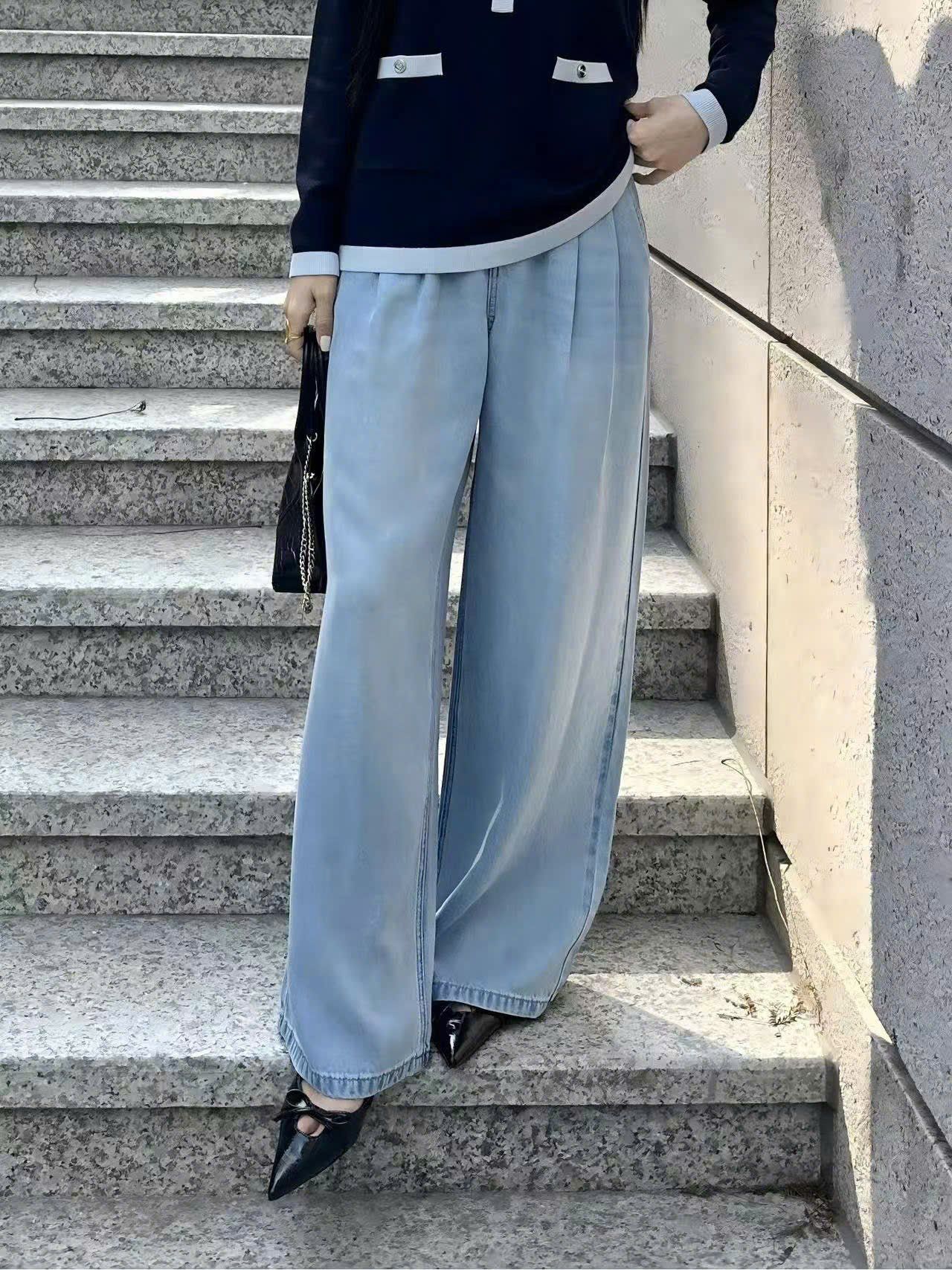  Quần jean giấy xanh logo tròn túi sau 