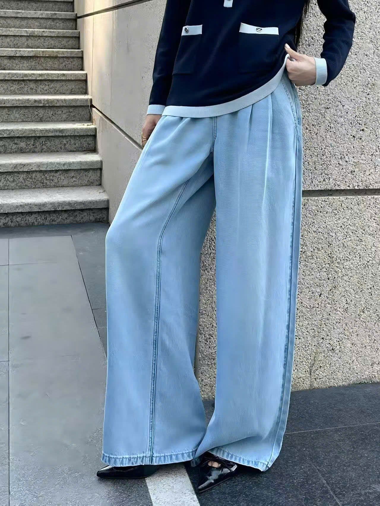  Quần jean giấy xanh logo tròn túi sau 