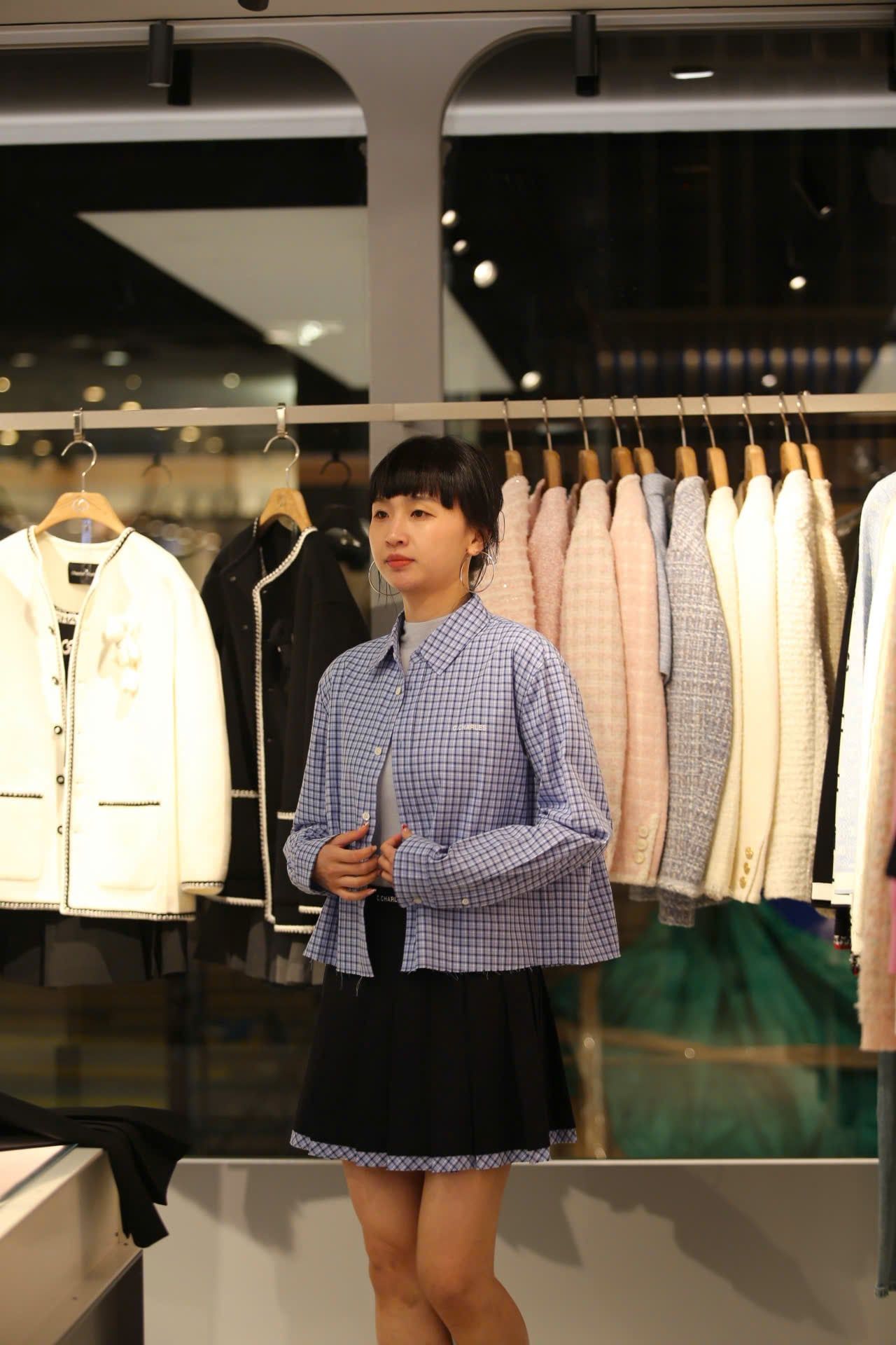  Áo sơ mi dáng ngắn Xanh lam kẻ 