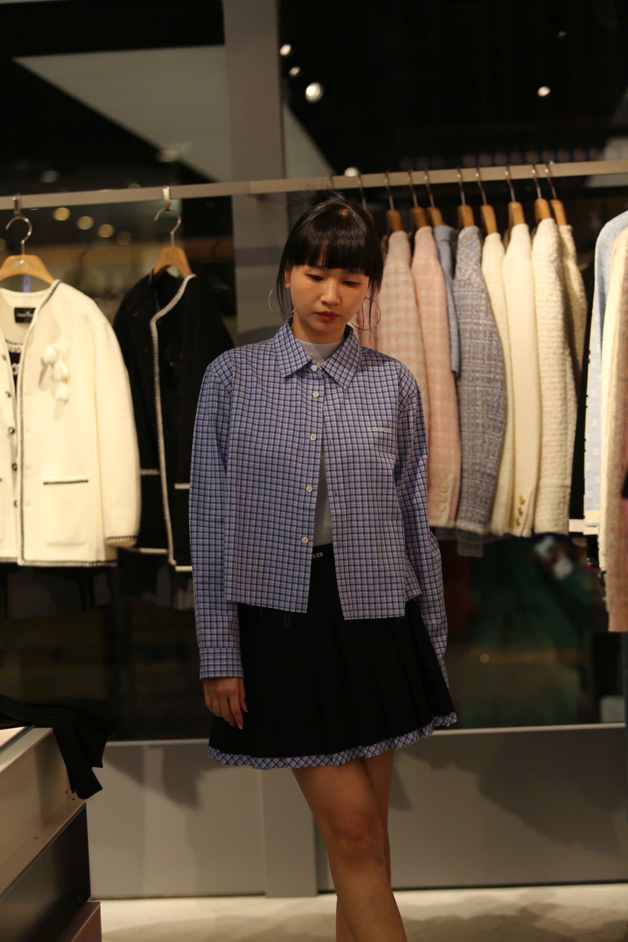  Áo sơ mi dáng ngắn Xanh lam kẻ 