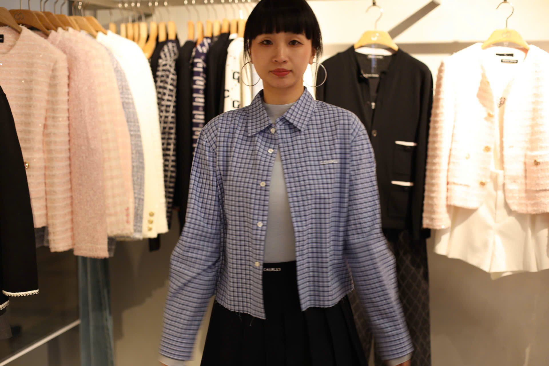  Áo sơ mi dáng ngắn Xanh lam kẻ 