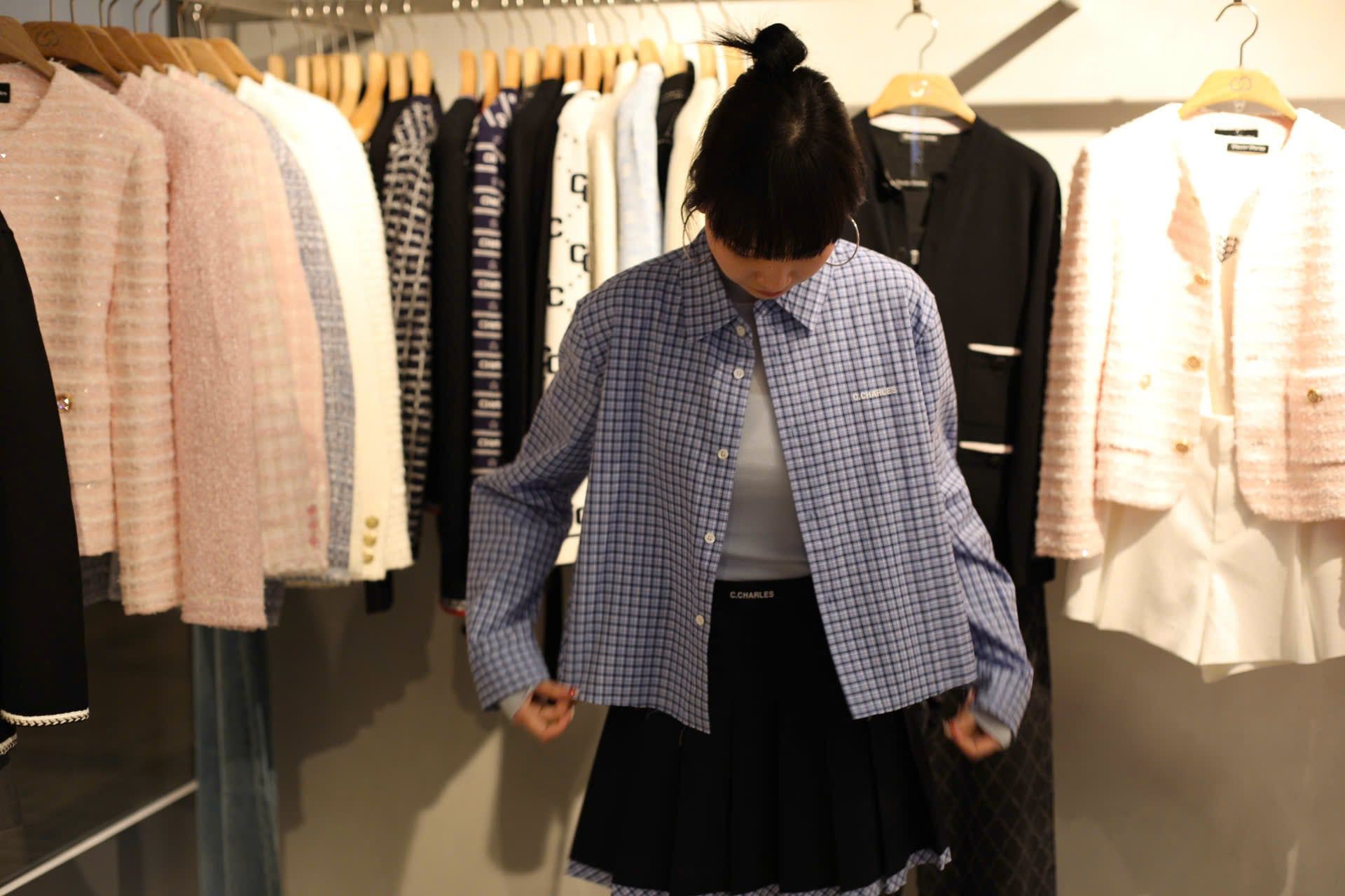  Áo sơ mi dáng ngắn Xanh lam kẻ 