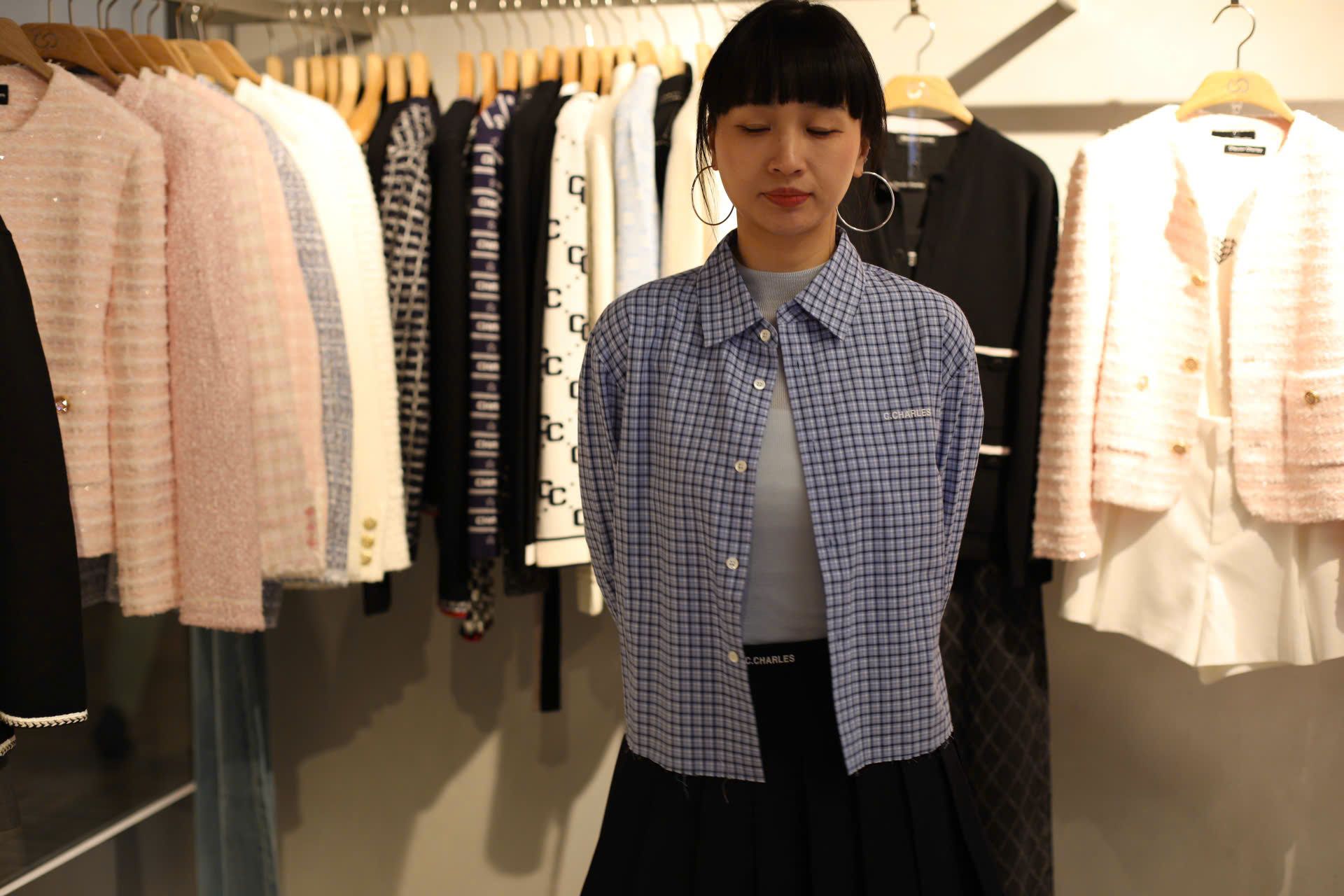  Áo sơ mi dáng ngắn Xanh lam kẻ 