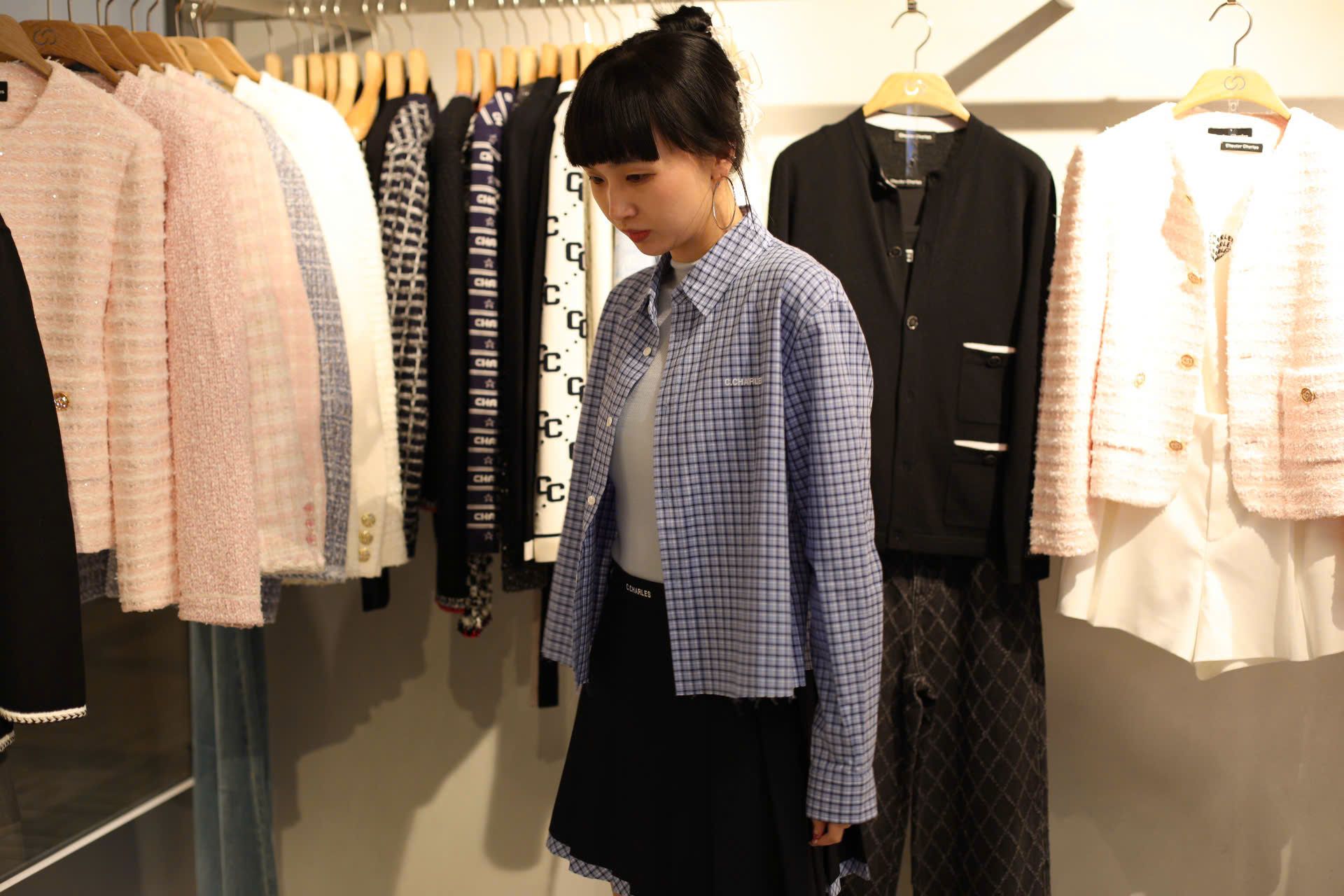  Áo sơ mi dáng ngắn Xanh lam kẻ 