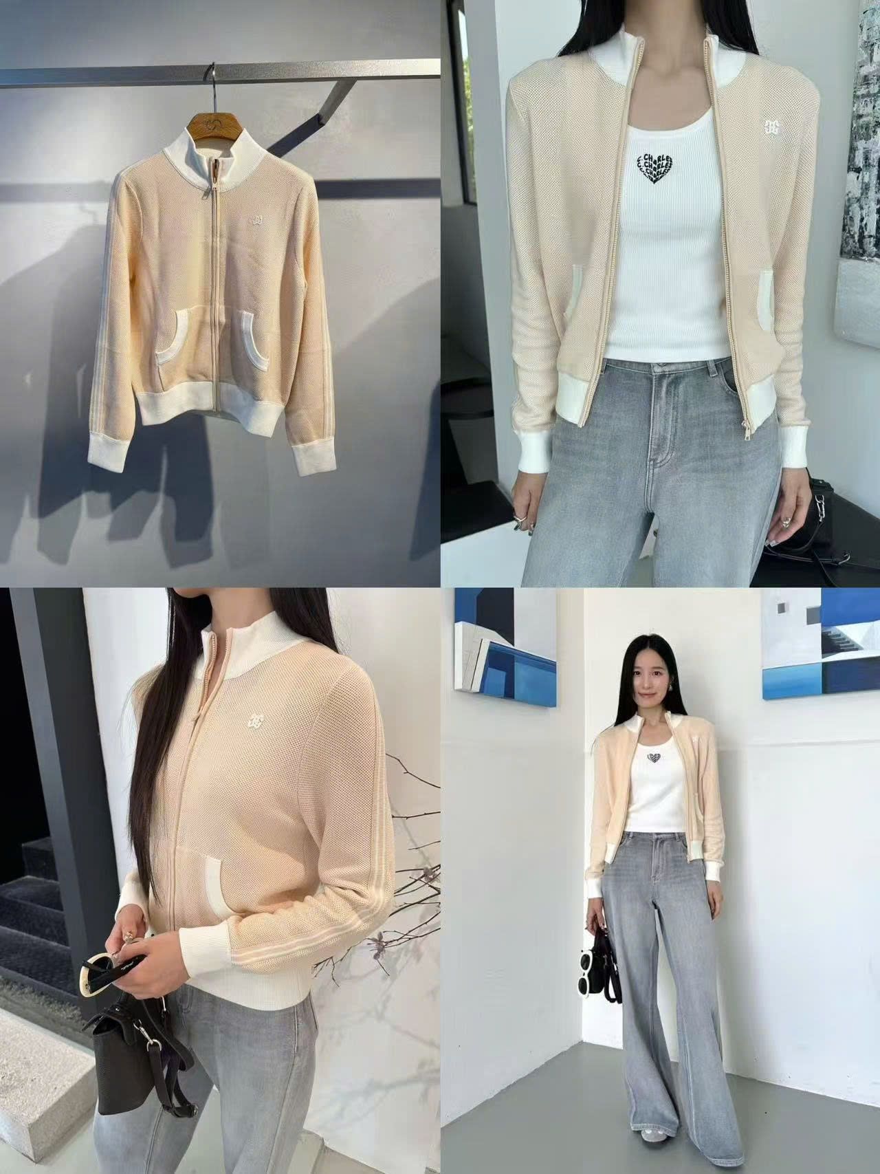  Áo khoác vàng dài tay, cổ trắng khóa zip 