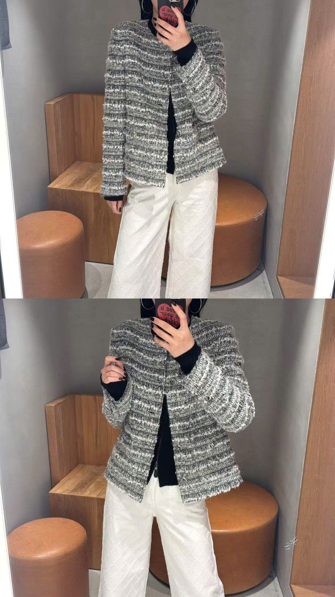  Áo Tweed ghi xám kẻ trắng 