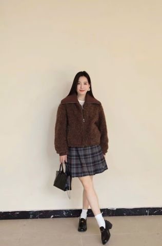  Áo khoác lông màu nâu cổ bẻ khóa zip 