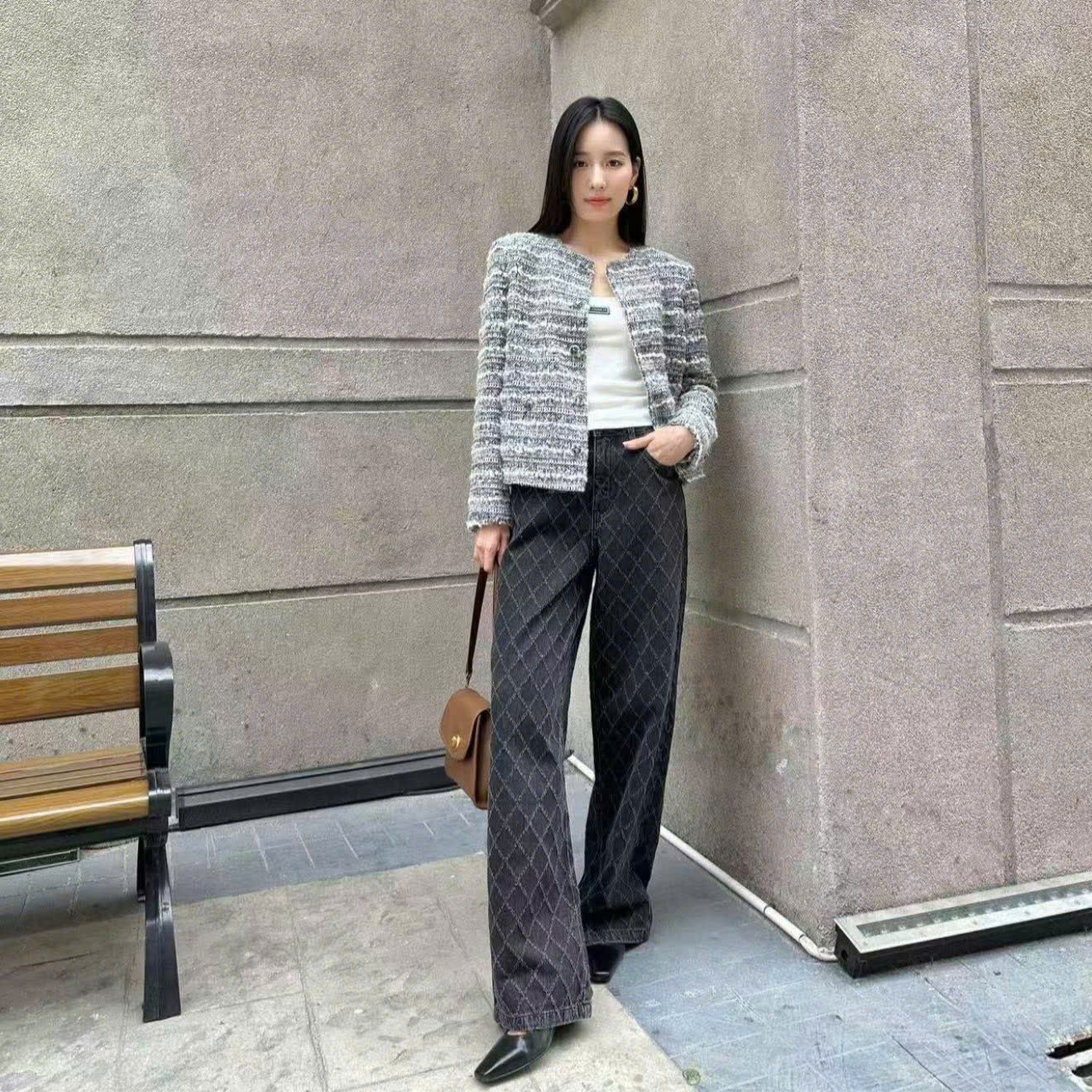  Áo Tweed ghi xám kẻ trắng 