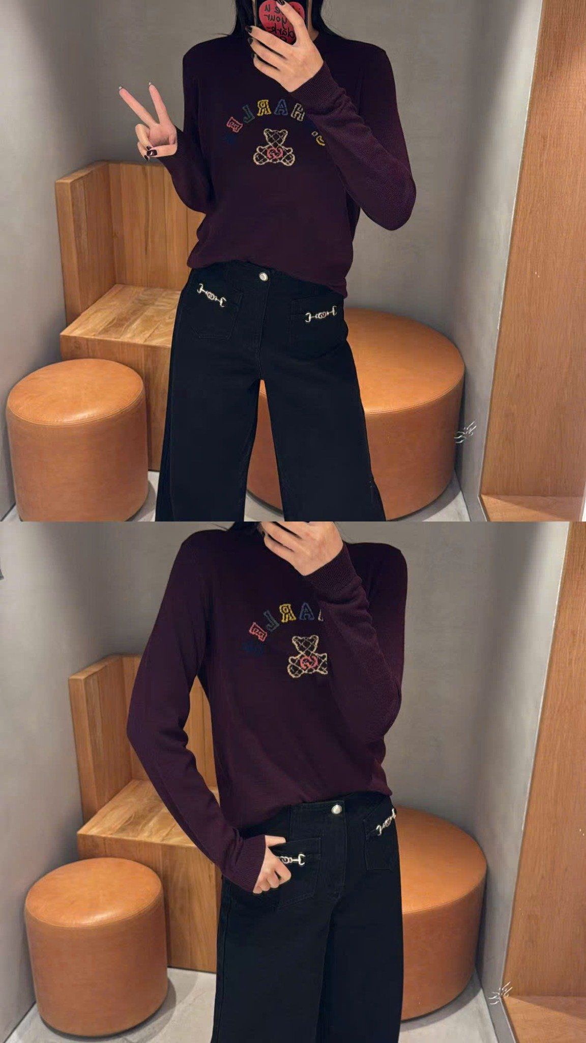  Áo len đỏ logo chữ và gấu sắc màu ngực 