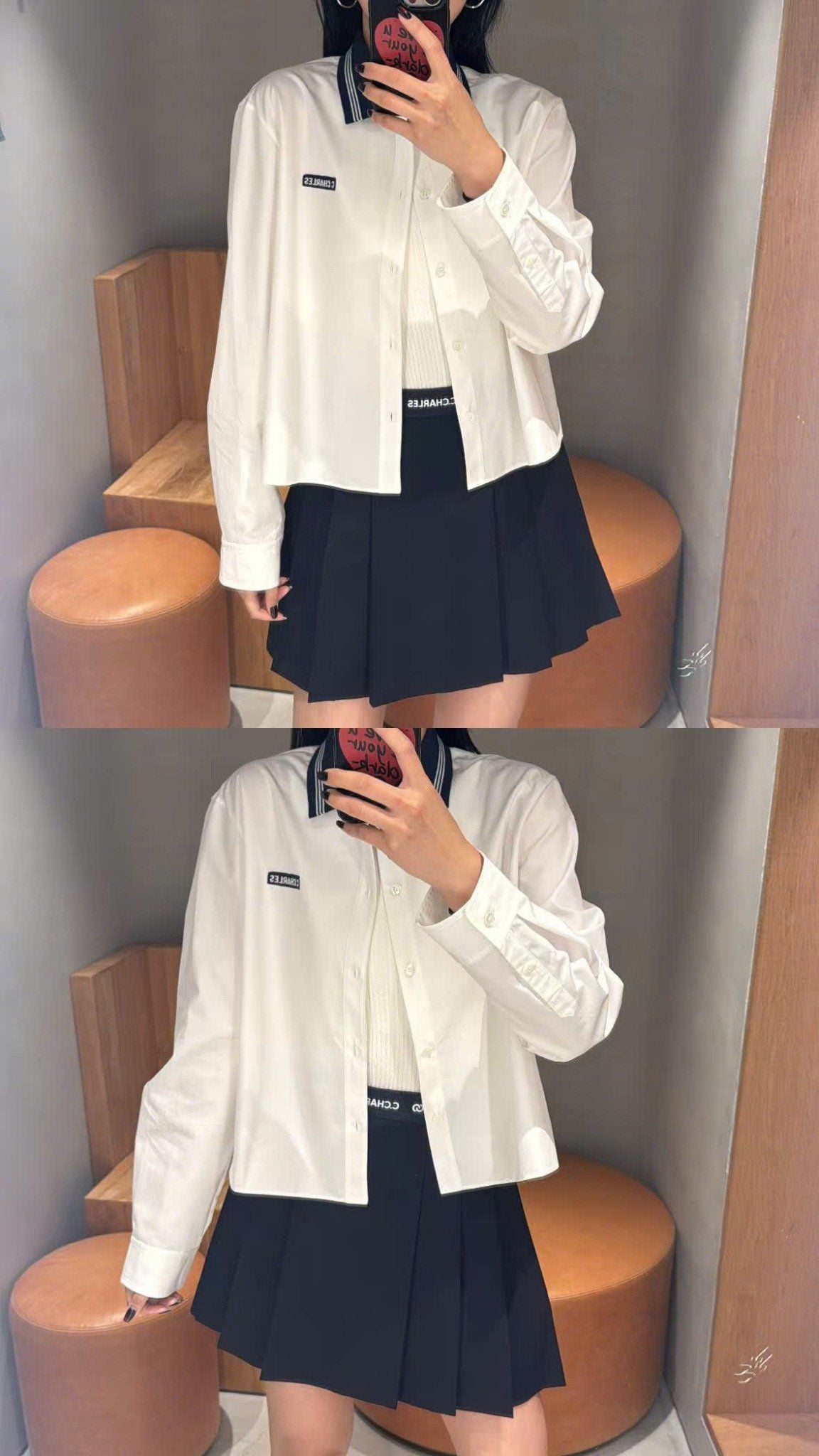  Áo sơ mi dáng ngắn Trắng cổ Xanh 