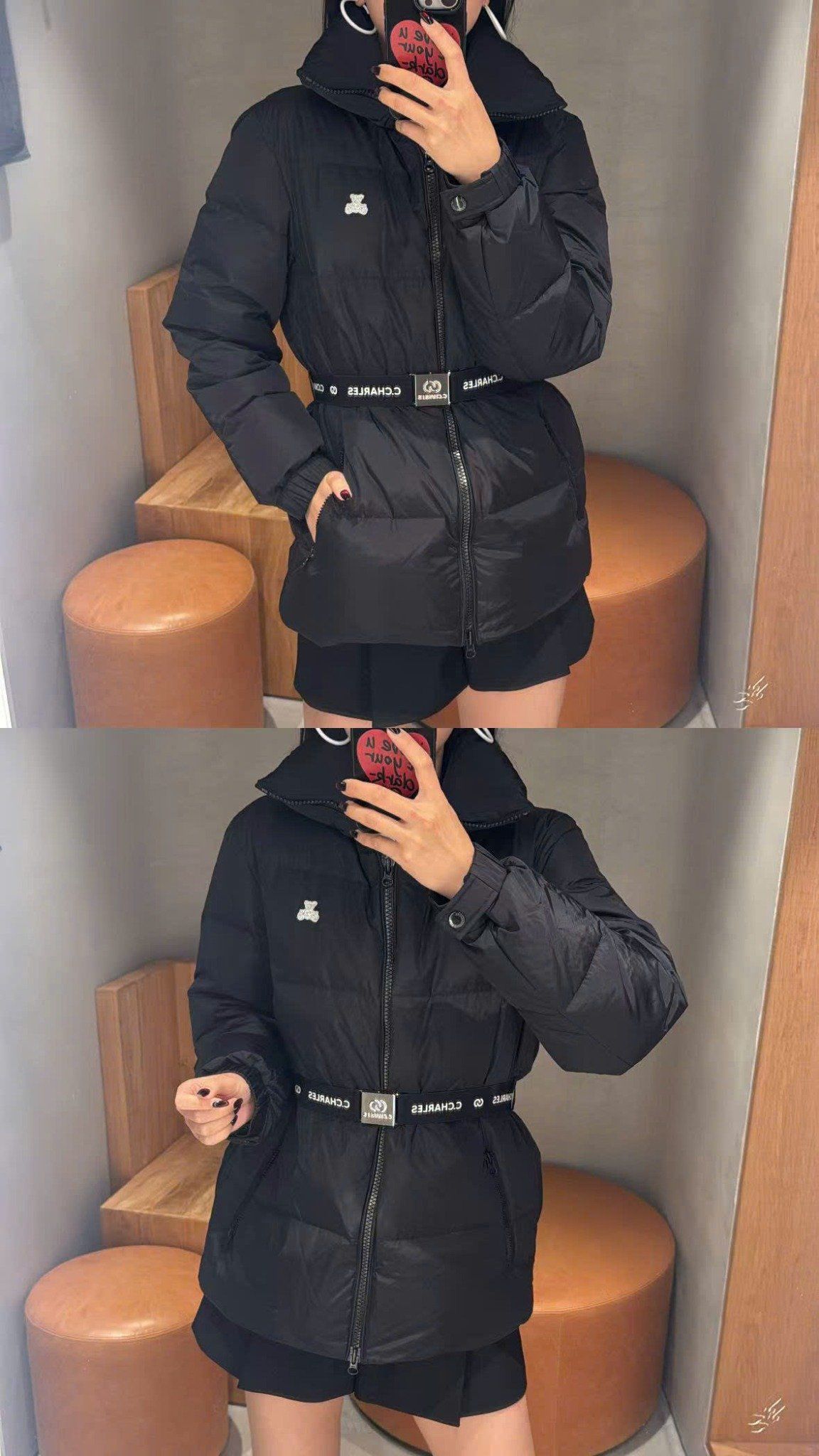  Áo phao đen cổ cao kèm belt logo 