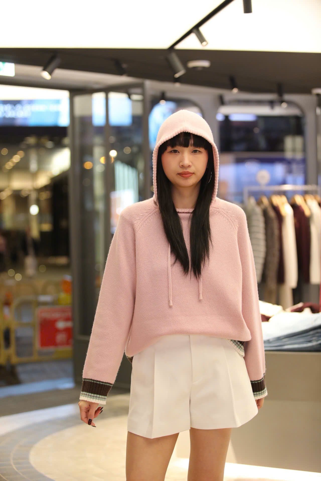  Áo len hồng dài tay có mũ viền xanh 