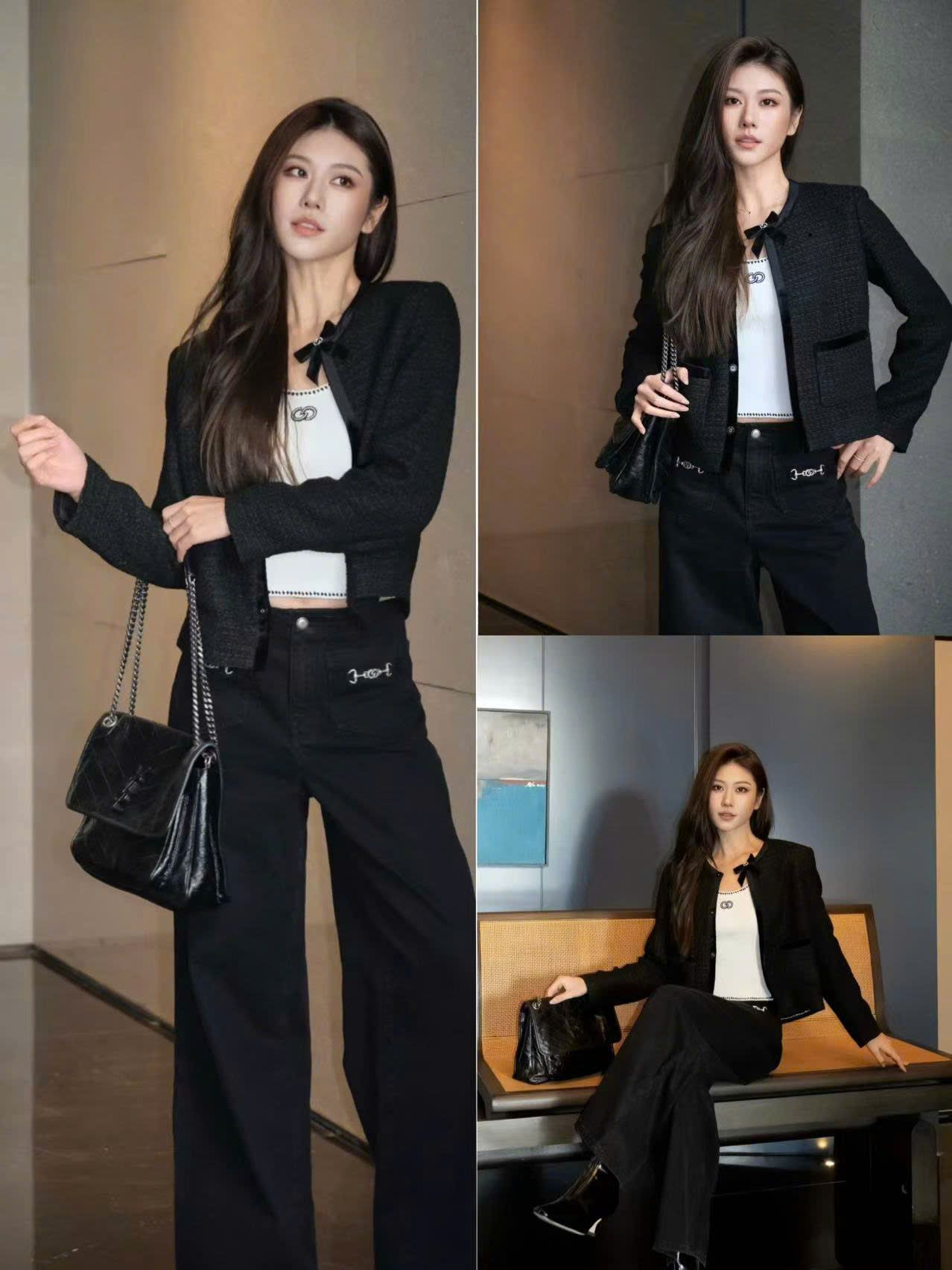  2.Áo tweed đen đính nơ cổ 