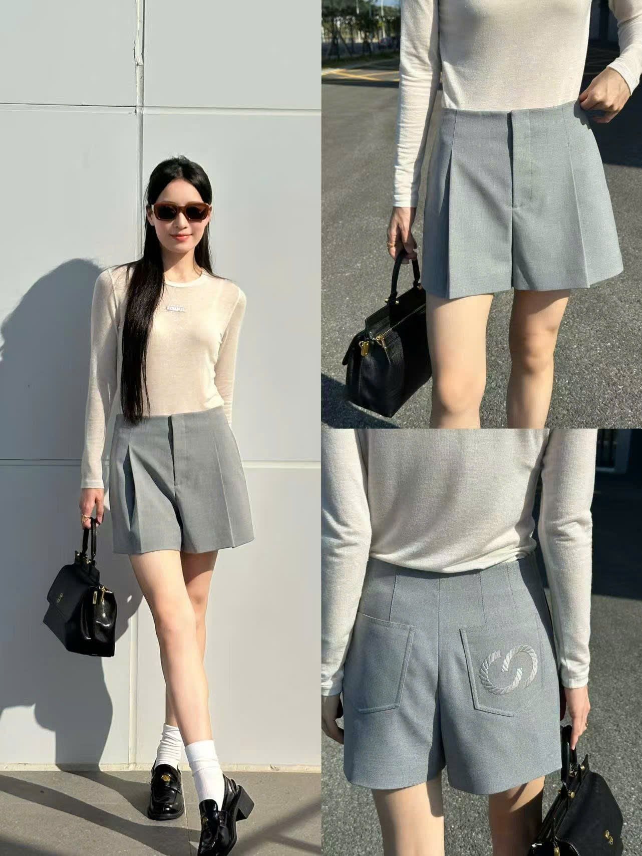  1.Quần sooc vải xám logo nổi túi sau 