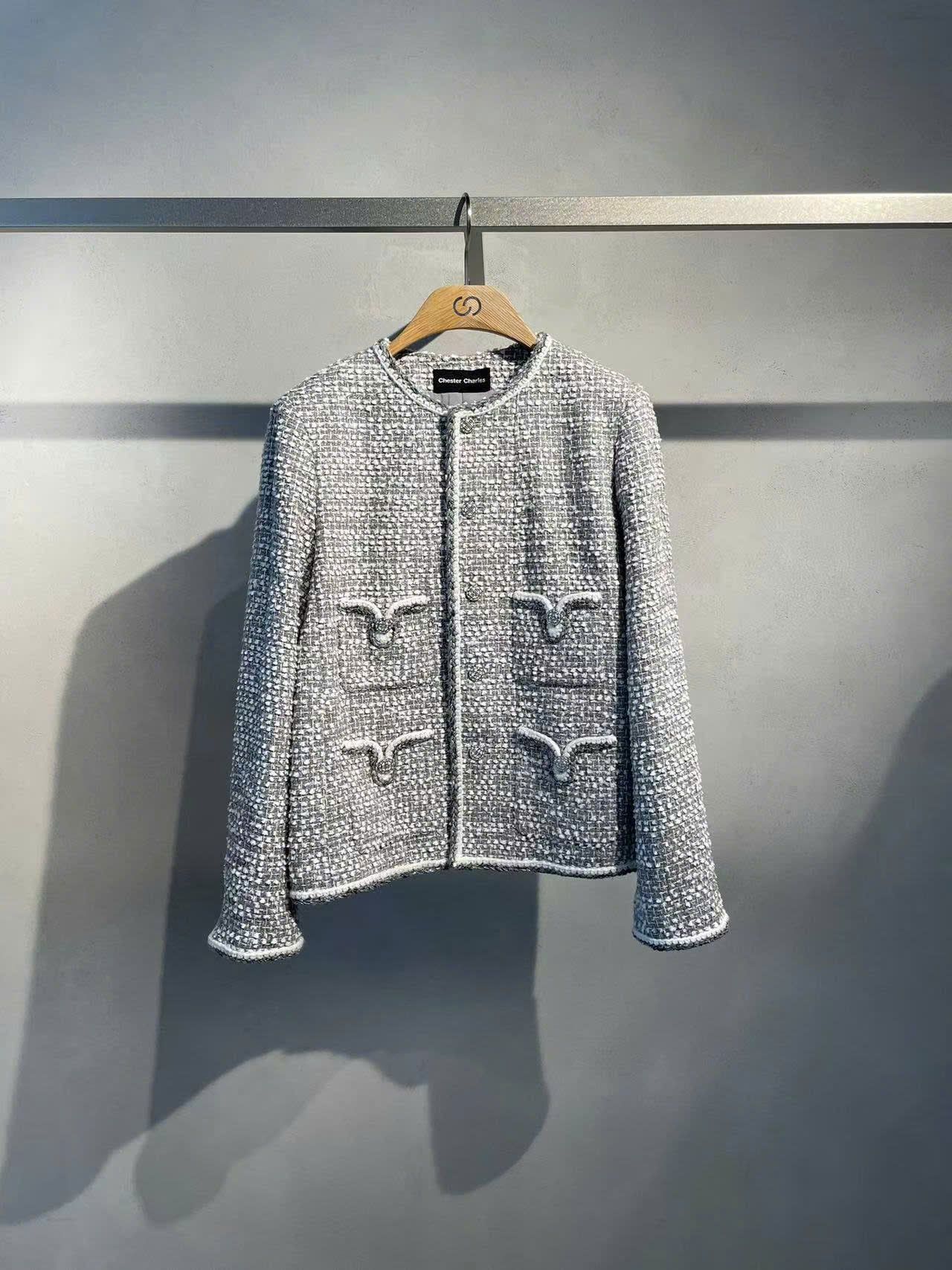  Áo tweed xám trắng 4 túi V 