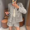  Bộ Áo tweed 4 túi V và Quần short dạ tweed xám trắng set 