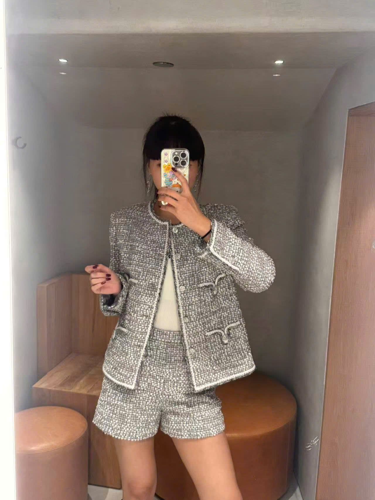  Bộ Áo tweed 4 túi V và Quần short dạ tweed xám trắng set 