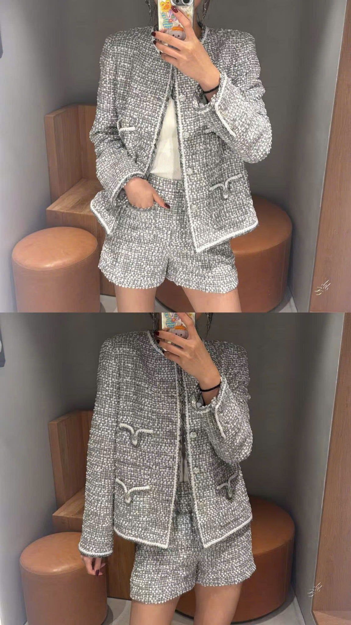  1.Quần sooc dạ tweed xám trắng 