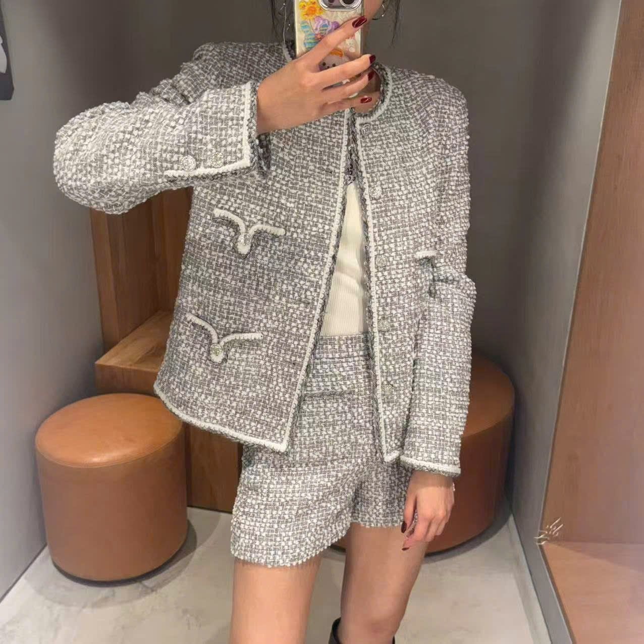  Bộ Áo tweed 4 túi V và Quần short dạ tweed xám trắng set 