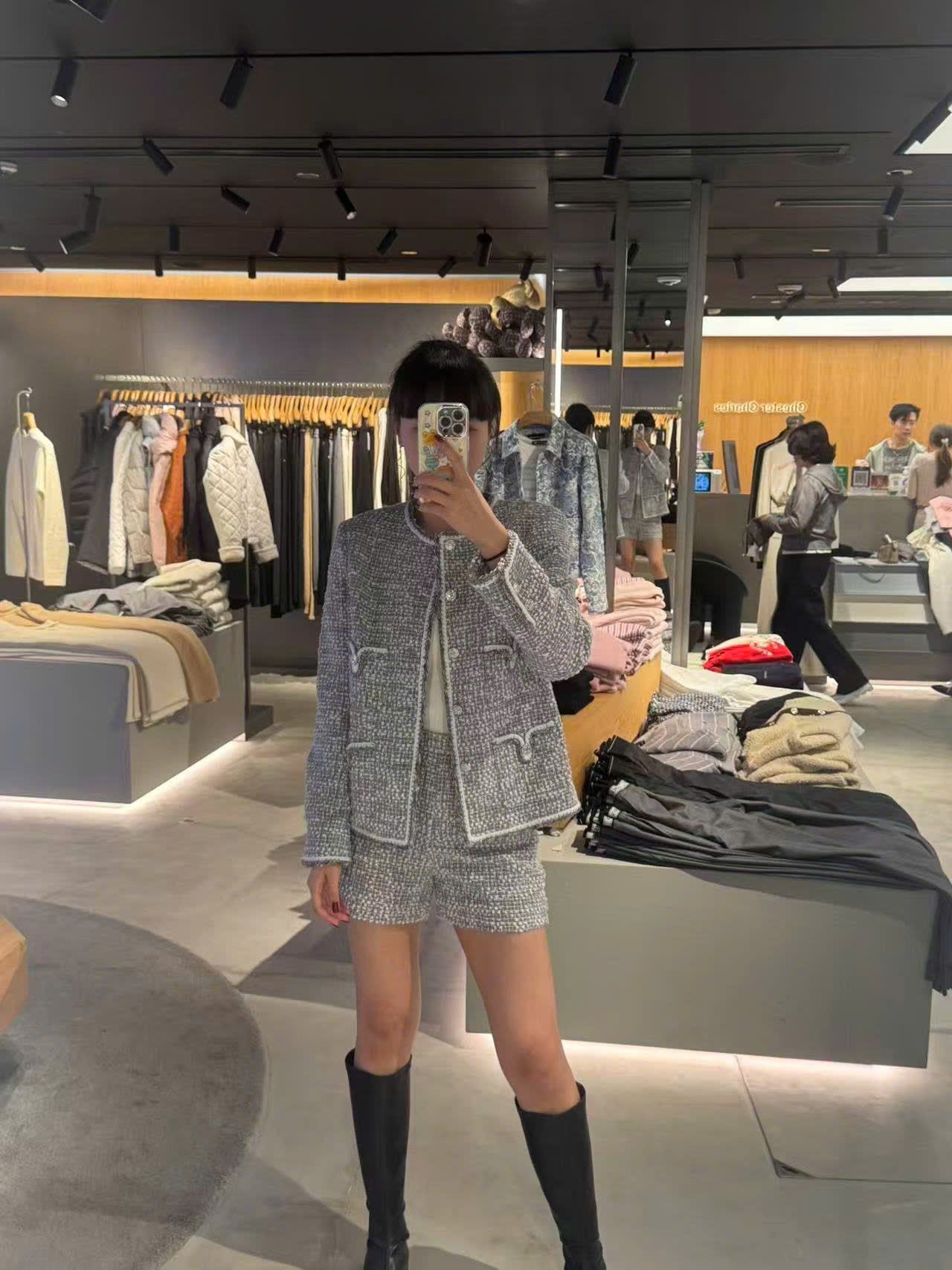  Bộ Áo tweed 4 túi V và Quần short dạ tweed xám trắng set 