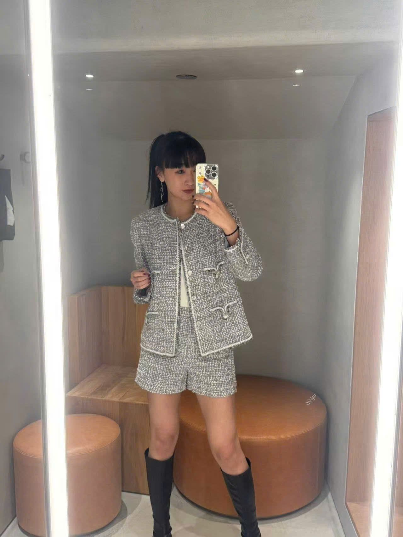  Bộ Áo tweed 4 túi V và Quần short dạ tweed xám trắng set 