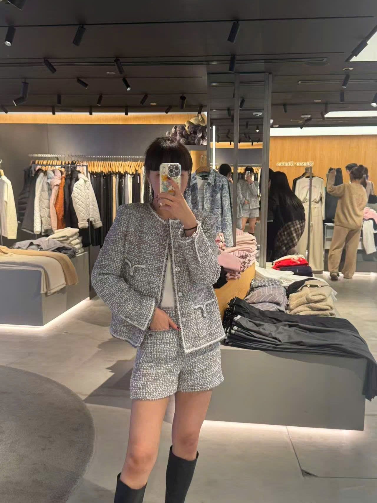  Bộ Áo tweed 4 túi V và Quần short dạ tweed xám trắng set 