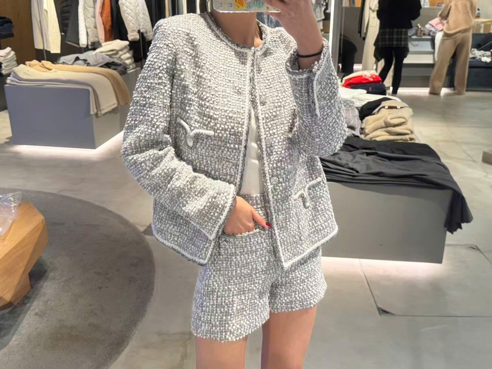  Bộ Áo tweed 4 túi V và Quần short dạ tweed xám trắng set 