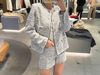  Bộ Áo tweed 4 túi V và Quần short dạ tweed xám trắng set 